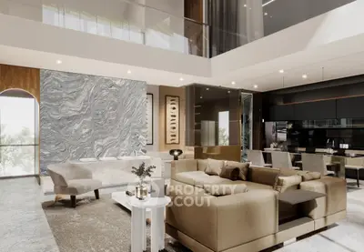 Luxurious modern living room with open kitchen and elegant decor