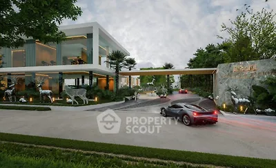 Luxurious modern villa with sleek design and lush landscaping, featuring a grand entrance and contemporary architecture.