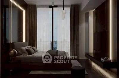 Luxurious modern bedroom with floor-to-ceiling windows and ambient lighting