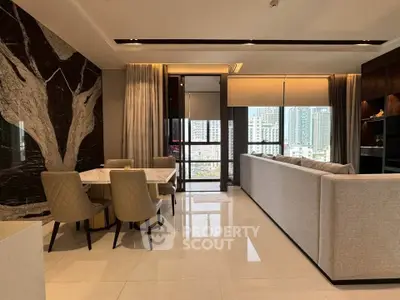 Luxurious modern living room with elegant dining area and stunning city view.