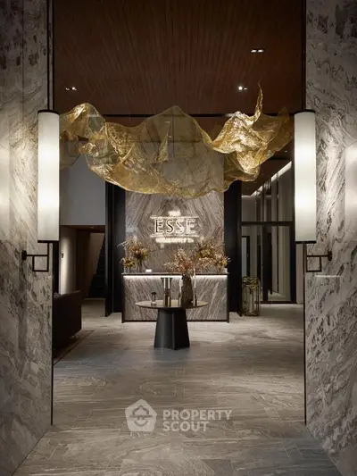 Luxurious building entrance with elegant decor and modern lighting