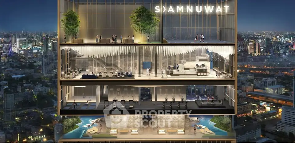 Luxurious high-rise building with stunning city views and modern amenities at night.