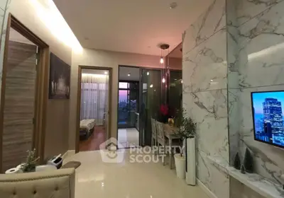 Luxurious modern apartment interior with marble accents and city view