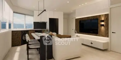 Modern open-plan living room with sleek kitchen and dining area, featuring stylish decor and large windows with scenic views.
