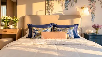 Luxurious bedroom with elegant decor and plush bedding in a sunlit setting.