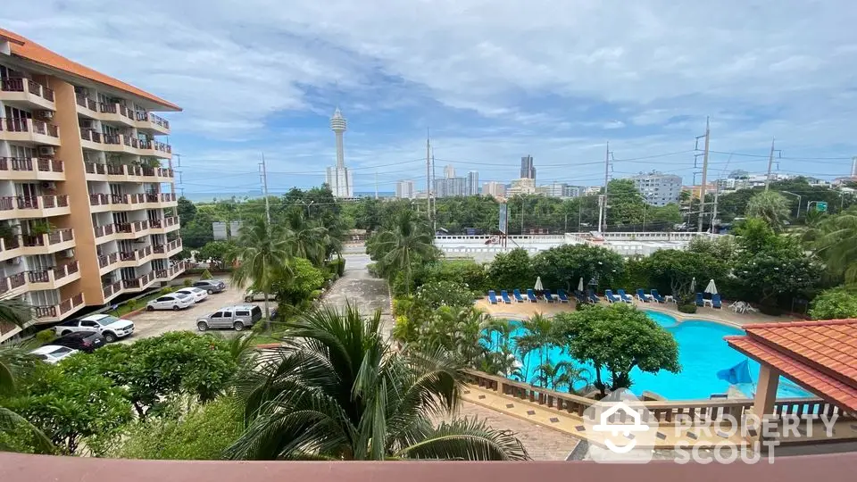 Stunning pool view from balcony in urban residential complex