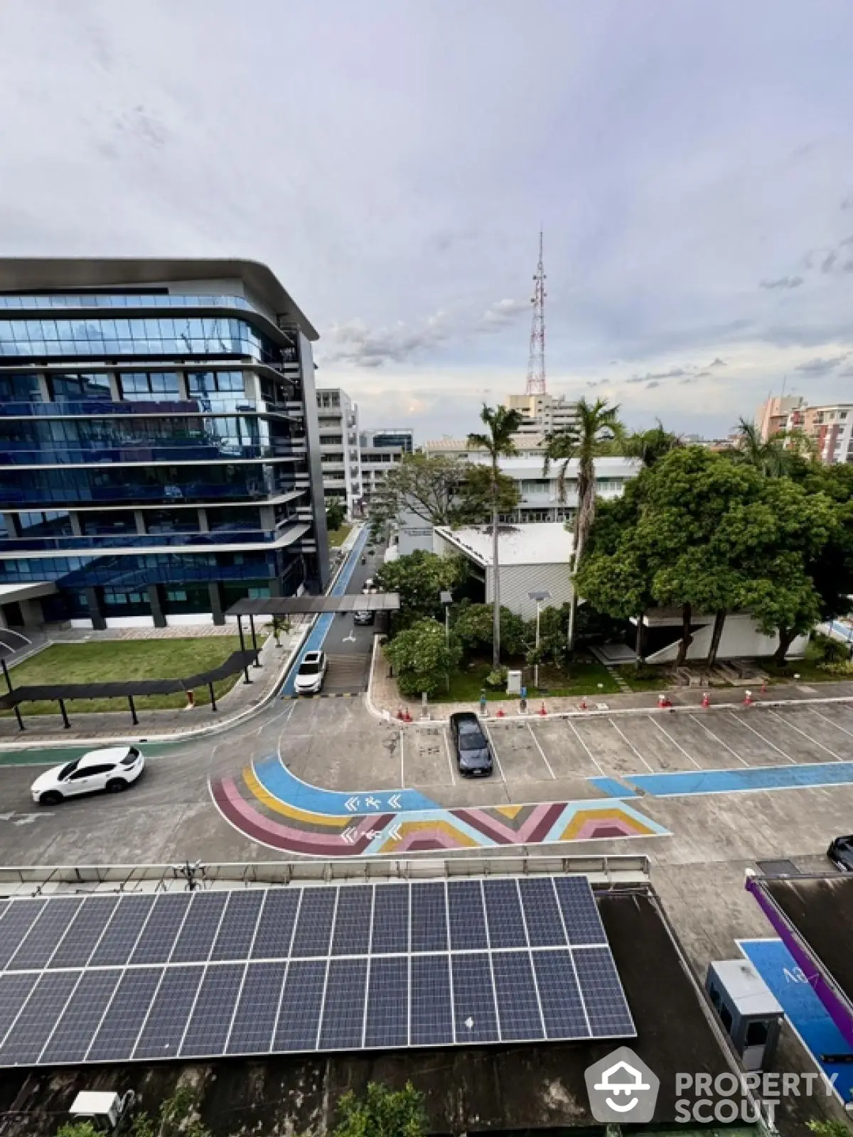 Modern urban view with solar panels and contemporary architecture