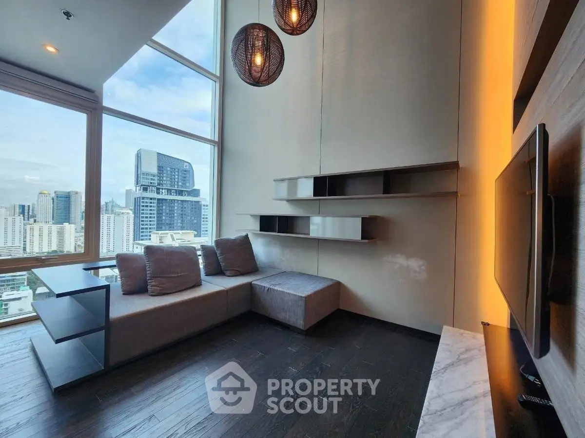 Luxurious modern living room with city view and stylish decor