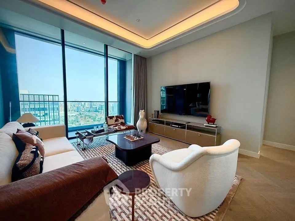 Luxurious living room with panoramic city view, modern furniture, and elegant decor in high-rise apartment.