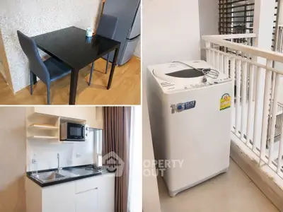 Modern apartment interior with dining area, compact kitchen, and balcony washing machine.