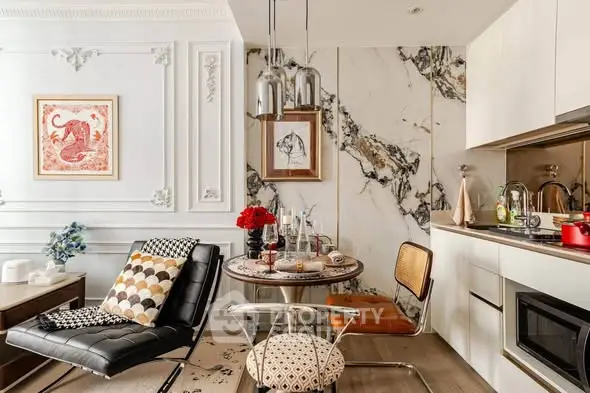 Luxurious modern living room with elegant decor and stylish kitchen area