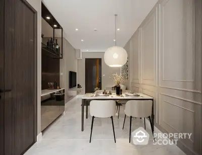 Modern dining area with elegant decor and ambient lighting in a stylish apartment.