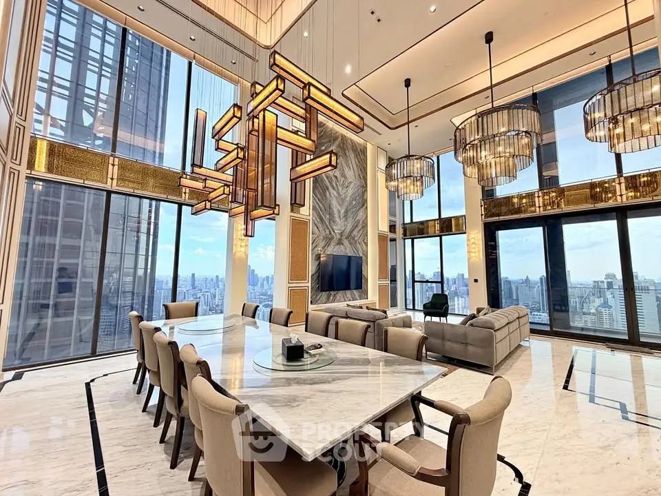Luxurious high-rise living room with panoramic city views and elegant modern decor.