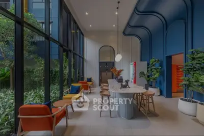 Modern living room with stylish decor and lush indoor plants