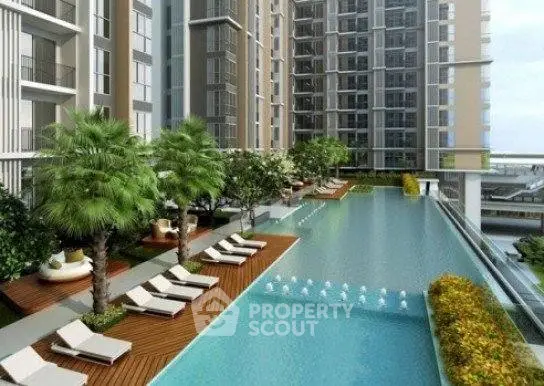 Luxurious apartment complex with stunning poolside view and modern amenities.