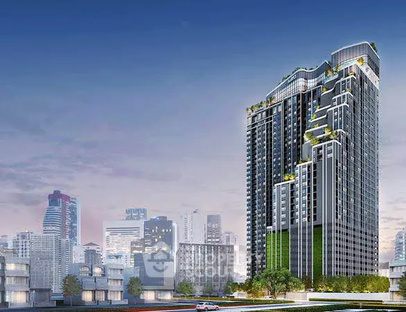 Stunning modern high-rise building with lush greenery and cityscape views.