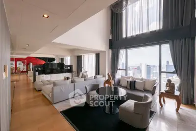Luxurious modern living room with panoramic city views and elegant decor