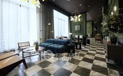 Luxurious living room with elegant decor and large windows, featuring a stylish blue sofa and checkered flooring.