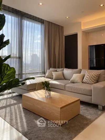Elegant living room with modern decor and large windows offering city views.