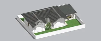 Modern architectural rendering of a single-story house with a sleek roof design and spacious yard.