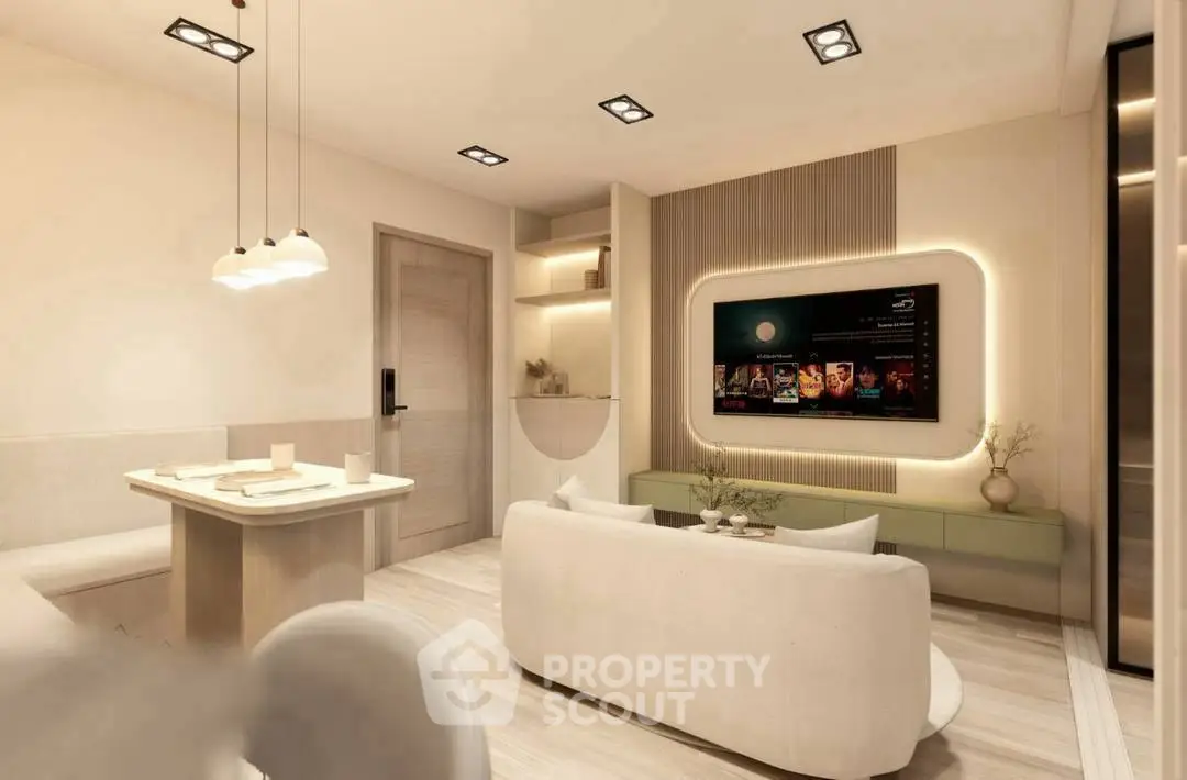 Modern living room with sleek design, featuring a cozy sofa, wall-mounted TV, and elegant lighting.