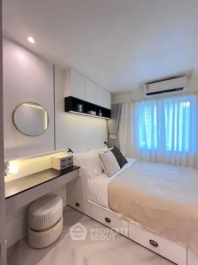 Cozy modern bedroom with built-in storage and soft lighting