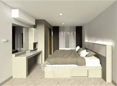 Modern bedroom with sleek design and neutral tones, featuring a stylish bed and built-in storage.