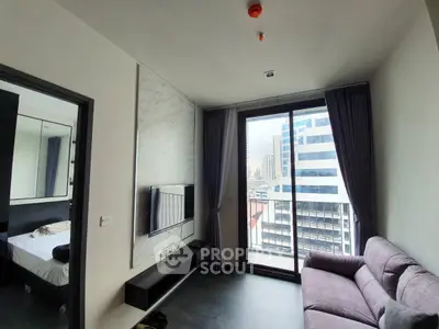 Modern apartment living room with city view and stylish decor