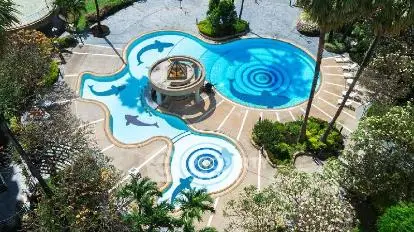Stunning aerial view of a uniquely designed swimming pool with artistic dolphin patterns in a lush garden setting.