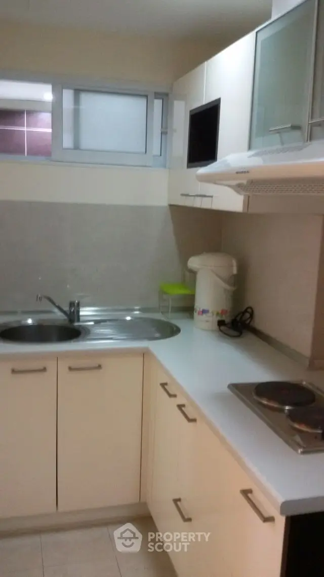 Compact kitchen with modern appliances and sleek cabinetry in a cozy apartment.