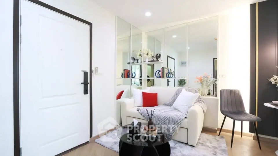 Chic modern living room with cozy white sofa and stylish decor