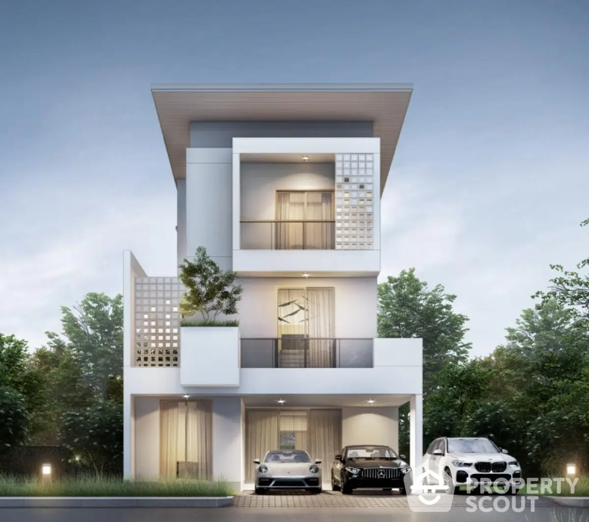 Modern three-story house with luxury cars parked in front, showcasing contemporary architecture and sleek design.