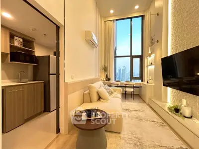 Luxurious high-ceiling living room with city view and modern kitchen