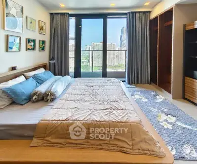 Luxurious bedroom with stunning city view and elegant decor