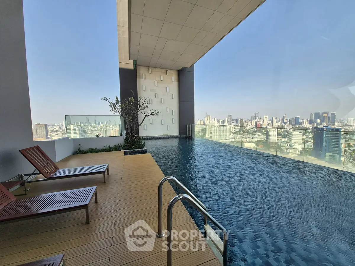 Luxurious rooftop infinity pool with stunning city skyline view, perfect for relaxation and leisure.