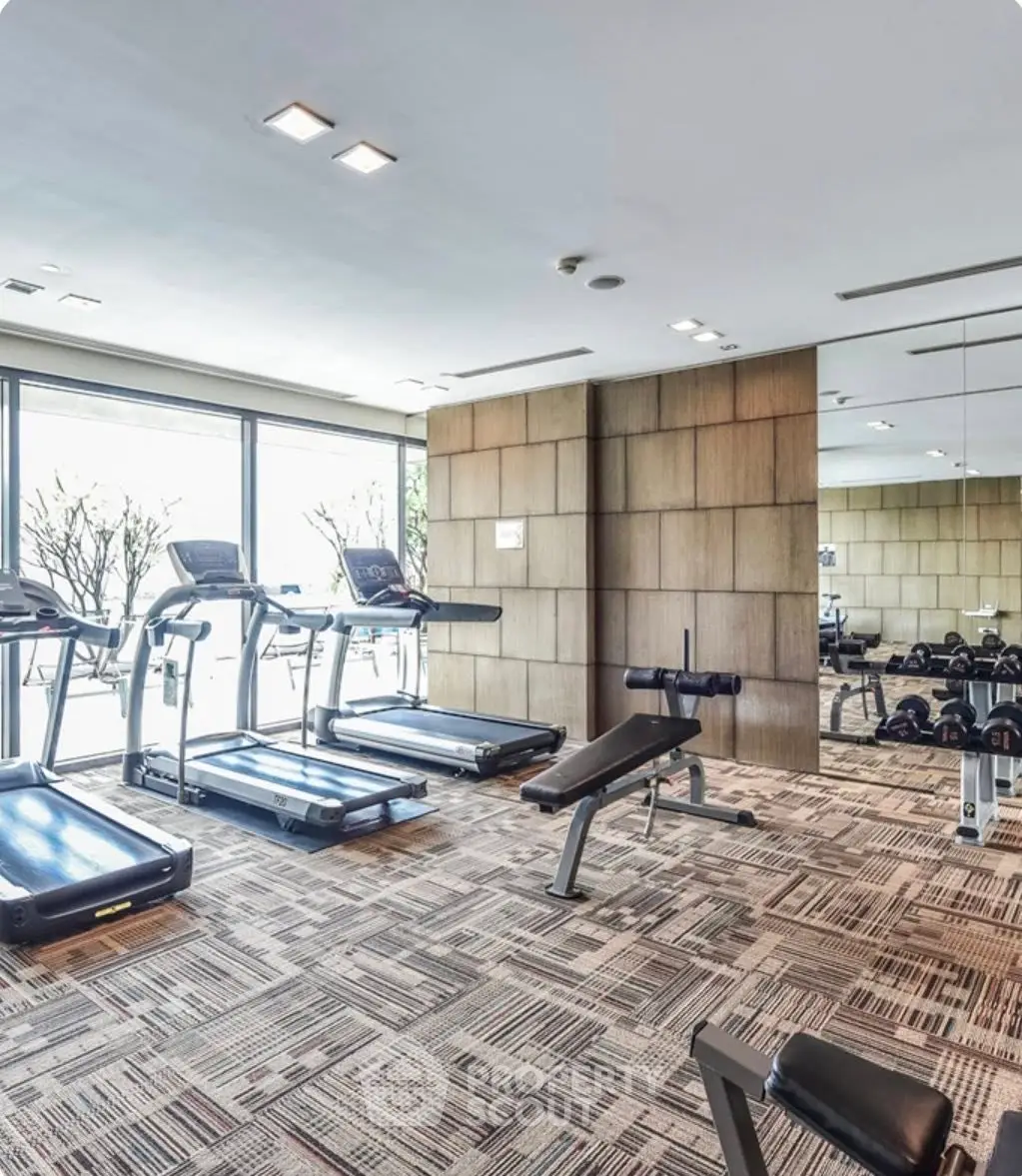 Modern gym with treadmills and weights in a luxury residential building.
