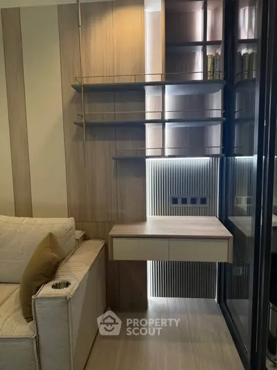 Modern living room with stylish shelving and cozy sofa