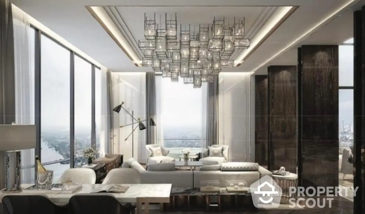 Luxurious modern living room with panoramic city views and stylish chandelier