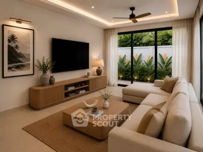 Elegant modern living room with large TV, stylish furniture, and garden view through glass doors.
