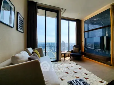 Luxurious living room with stunning city view and modern decor