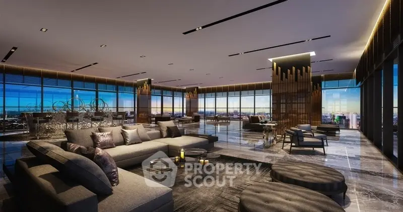 Luxurious modern living room with panoramic city views and elegant furnishings.