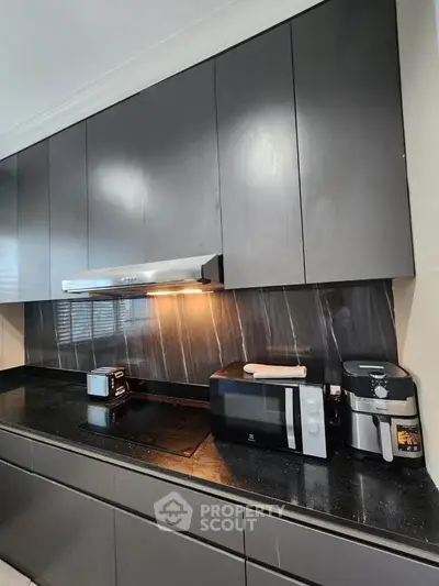 Modern kitchen with sleek black cabinets and appliances