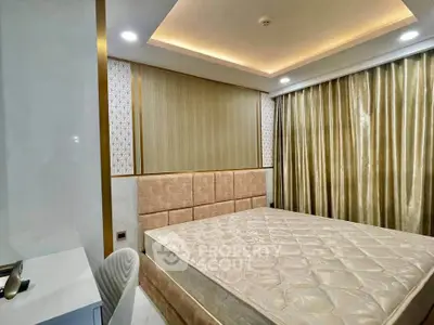 Luxurious bedroom with elegant decor and plush bedding in modern apartment