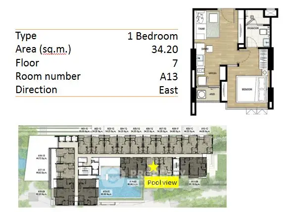 Modern 1-bedroom apartment floor plan with pool view, 34.20 sqm, located on the 7th floor, east-facing.