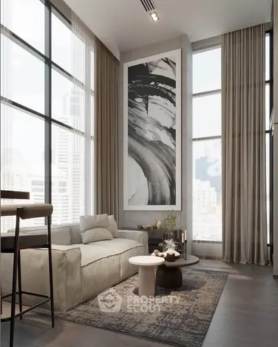 Luxurious modern living room with floor-to-ceiling windows and elegant decor in a high-rise apartment.