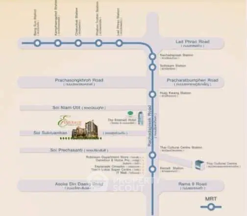 Map showing location of Emerald Hotel near MRT and major roads in Bangkok.