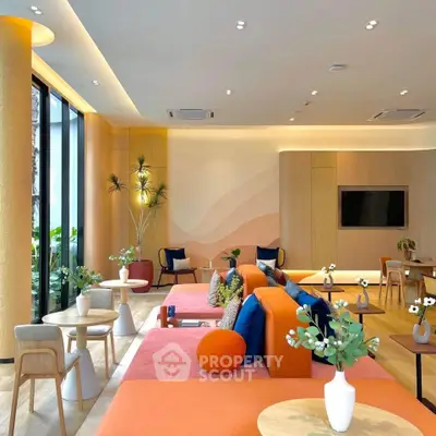 Modern living room with vibrant orange seating and elegant decor, featuring large windows and stylish lighting.