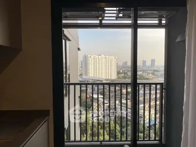 Stunning city view from modern apartment balcony with sleek railing design