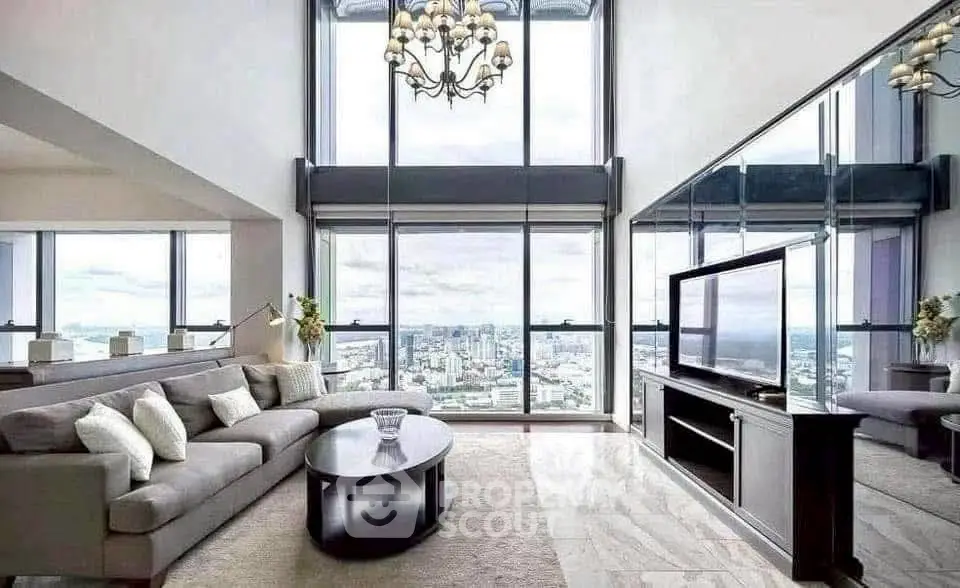 Luxurious living room with panoramic city view and elegant decor
