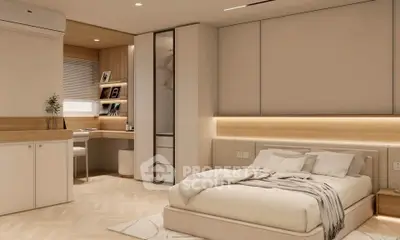 Luxurious modern bedroom with elegant decor and cozy workspace